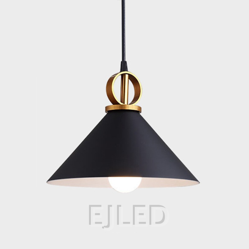 This black and brass metal bell pendant light hangs from a black cord and features a distinct ring accent above the shade for architectural interest. - view 4