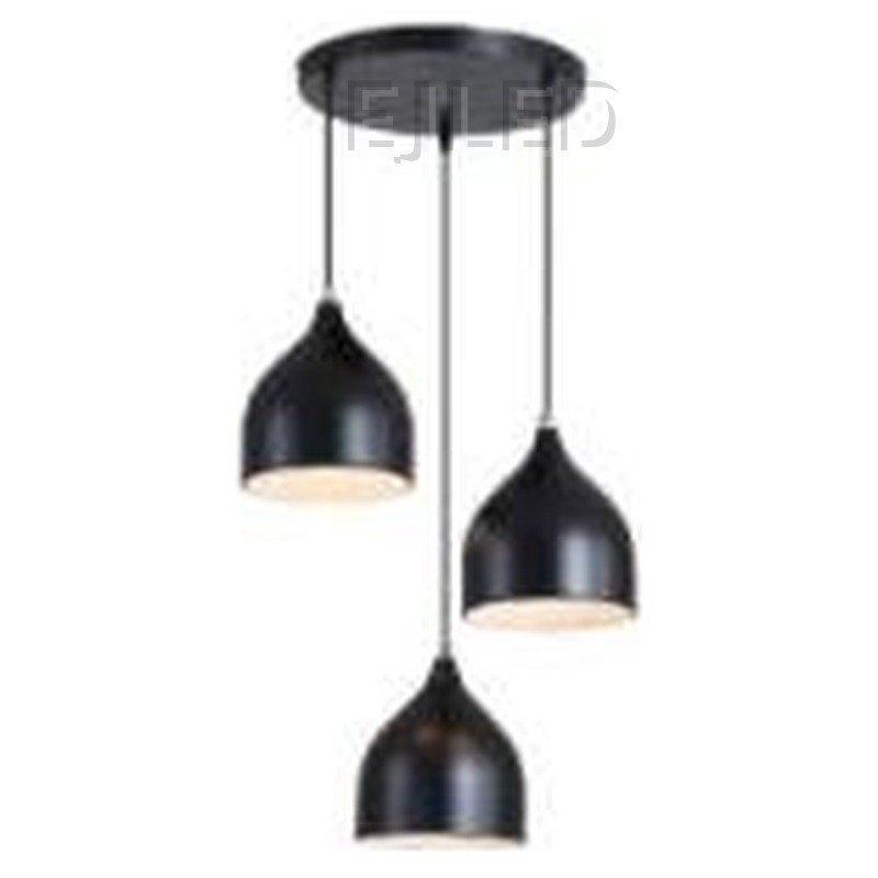 This steel pendant fixture features three bell-shaped dome shades suspended at staggered heights from a single round ceiling canopy.