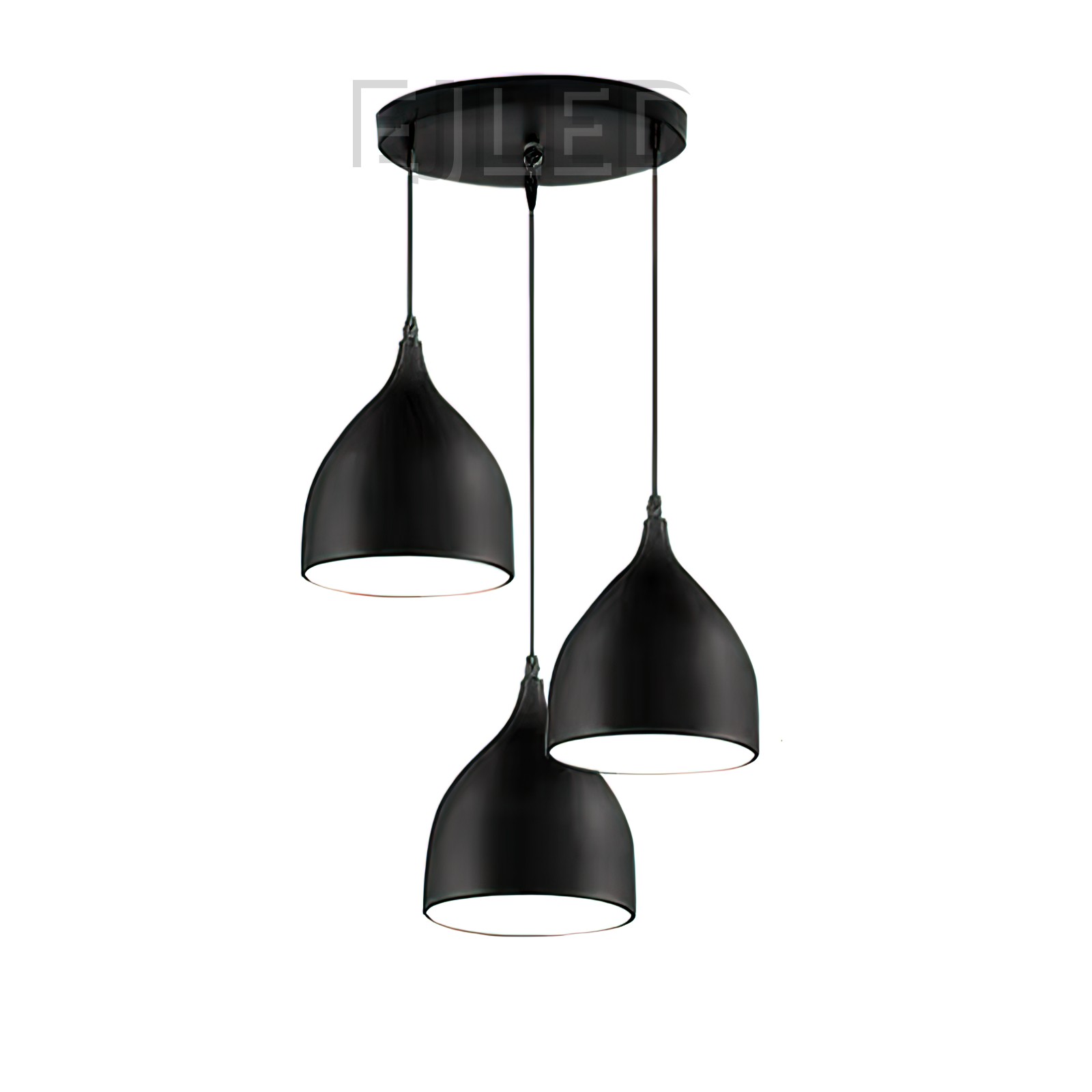 This steel pendant fixture features three bell-shaped dome shades suspended at staggered heights from a single round ceiling canopy. - view 5