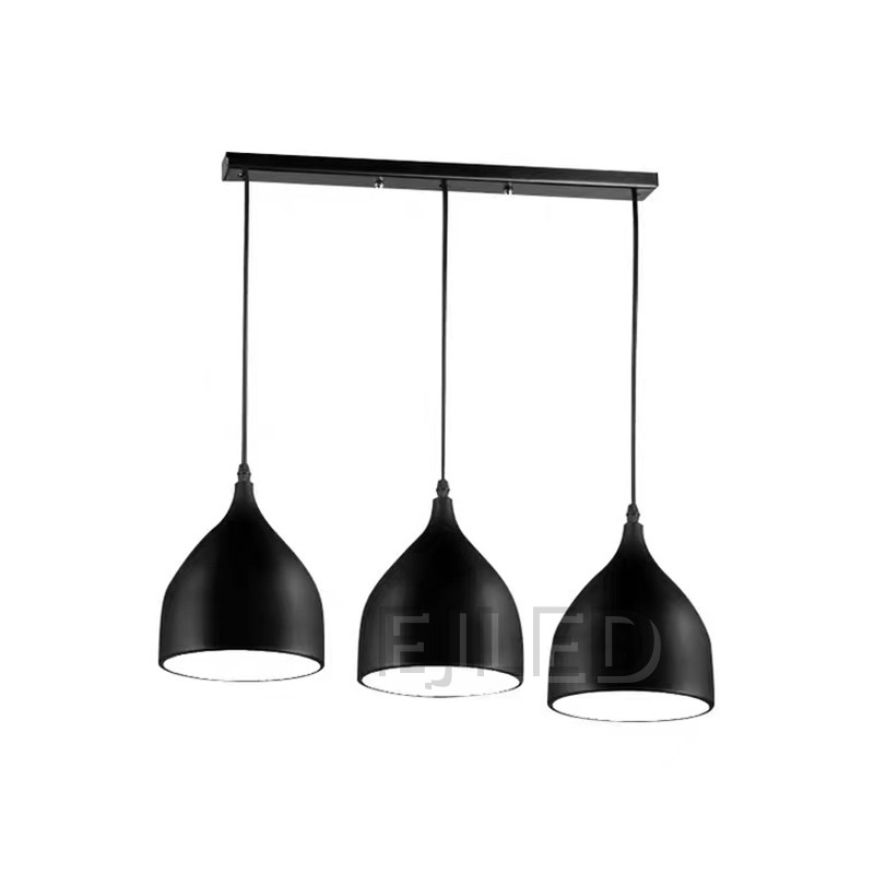 This steel pendant fixture features three bell-shaped dome shades suspended at staggered heights from a single round ceiling canopy. - view 6