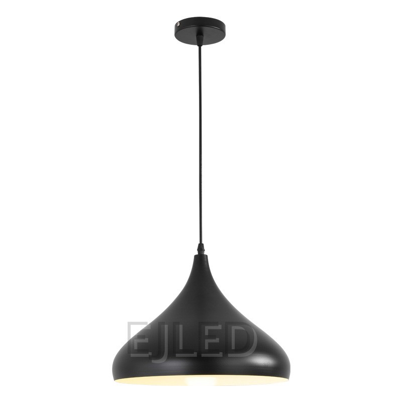This black steel pendant lamp features a distinct metal dome shape and hangs by a matching black cord from a round ceiling canopy.