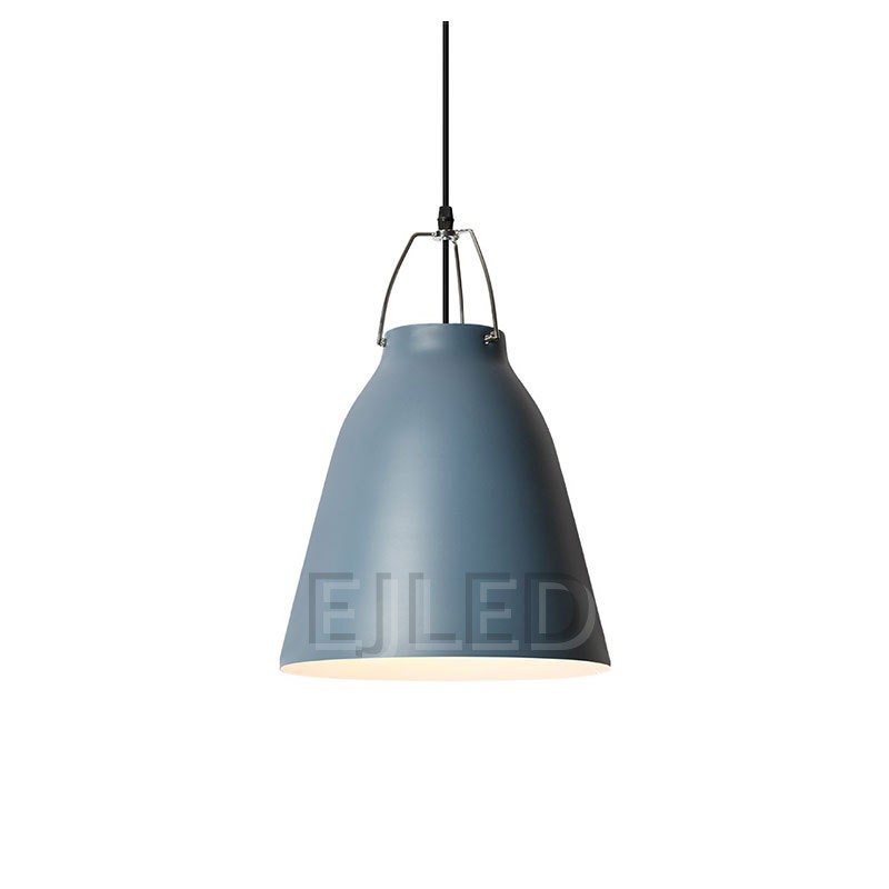 This steel barn pendant light features a solid dome shade in a blue finish, suspended by a black cord and a metal wire hanger.