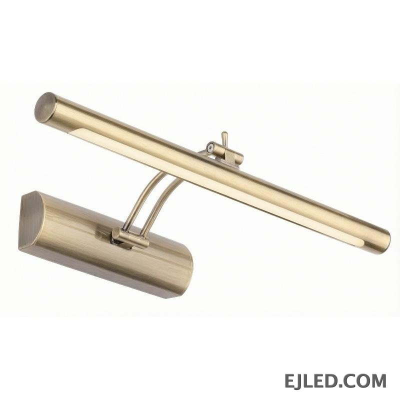 This chrome mirror lamp features a horizontal bar suspended from a wall plate, directing light downwards from its PC and aluminum construction.