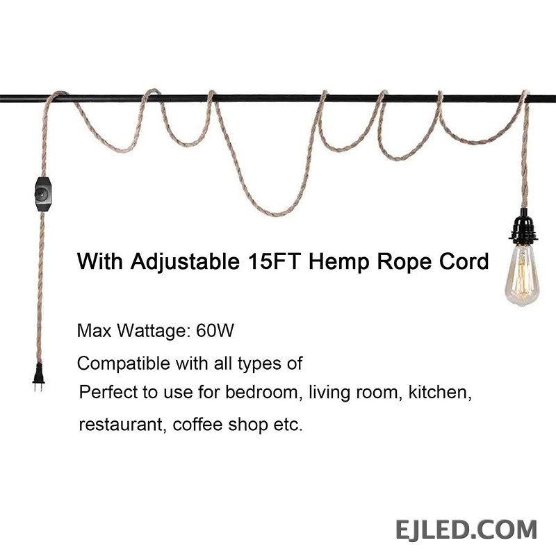 The RP0001 pendant light features a long, adjustable natural hemp rope, allowing for significant drop from its iron ceiling fixture. It provides direct, downward illumination suitable for areas with high ceilings or where a prominent, single light source is desired. - view 5