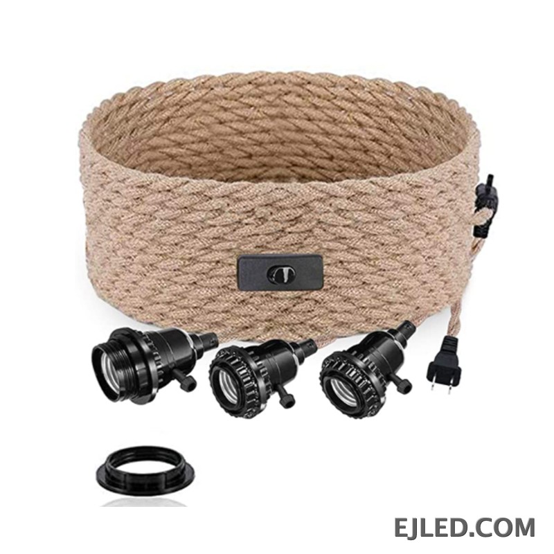 Three individual hemp ropes define the RP0002 chandelier, each suspending an open-bulb E26/E27 lamp holder. With separate inline switches, it offers versatile direct illumination, allowing for creative arrangement and tailored lighting intensity.