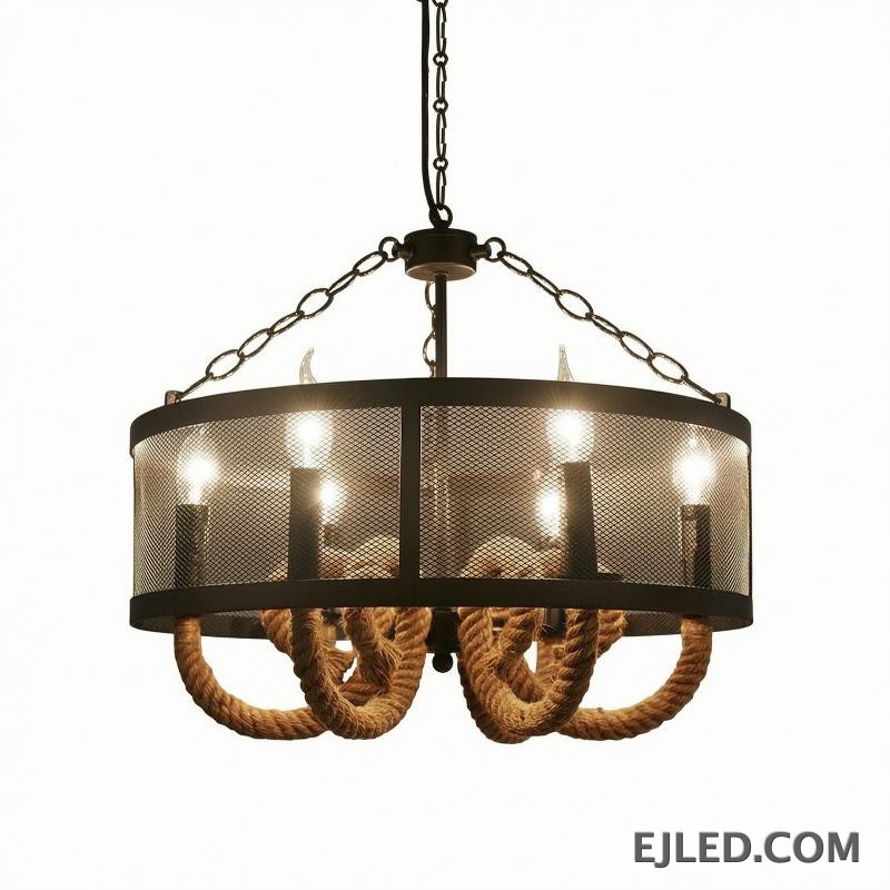 An iron cylindrical frame, interwoven with natural hemp rope, creates the distinctive shade of the RP0003 pendant lamp. It casts a diffused ambient glow through its textured sides, while also providing direct up and down light from its open top and bottom.