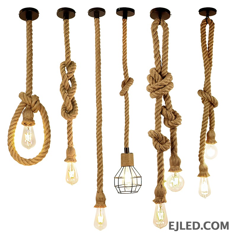 Five individual natural hemp ropes, bundled at the ceiling and artfully knotted, define the RP0004 pendant light. Each rope suspends an open E26/E27 lamp holder, providing an array of direct, adjustable light sources for versatile illumination and creative arrangements. - view 2