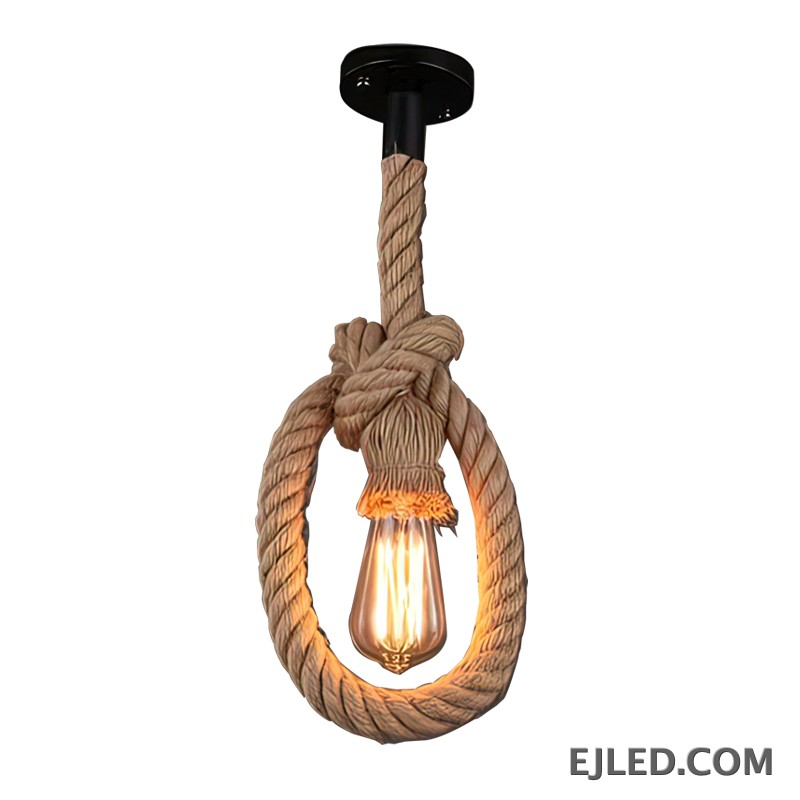 Five individual natural hemp ropes, bundled at the ceiling and artfully knotted, define the RP0004 pendant light. Each rope suspends an open E26/E27 lamp holder, providing an array of direct, adjustable light sources for versatile illumination and creative arrangements. - view 4