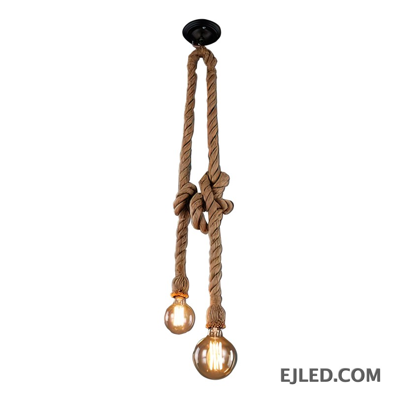 Five individual natural hemp ropes, bundled at the ceiling and artfully knotted, define the RP0004 pendant light. Each rope suspends an open E26/E27 lamp holder, providing an array of direct, adjustable light sources for versatile illumination and creative arrangements. - view 5