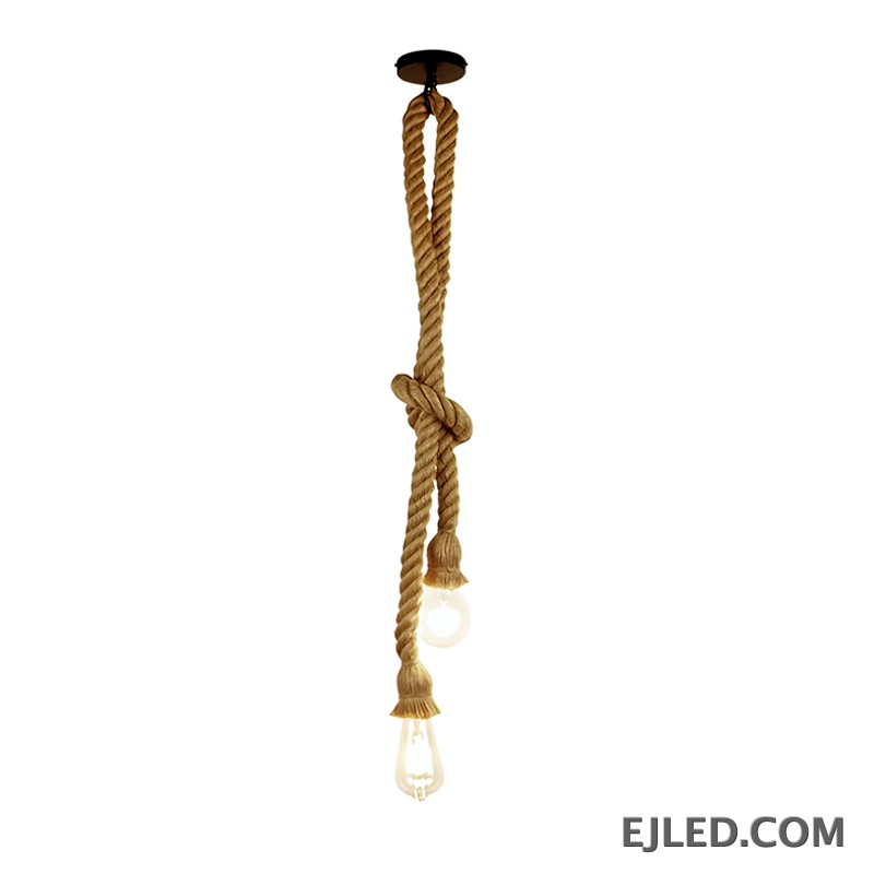 Five individual natural hemp ropes, bundled at the ceiling and artfully knotted, define the RP0004 pendant light. Each rope suspends an open E26/E27 lamp holder, providing an array of direct, adjustable light sources for versatile illumination and creative arrangements. - view 6
