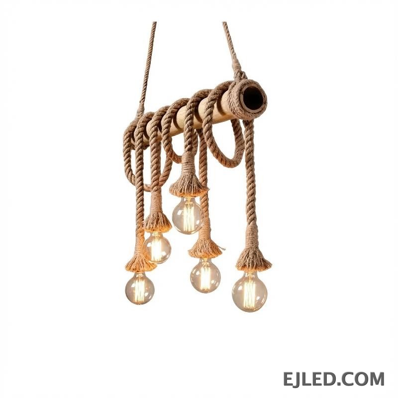 This multi-light hemp rope chandelier features a horizontal bamboo body with five exposed bulbs suspended by braided ropes, offering a rustic aesthetic.