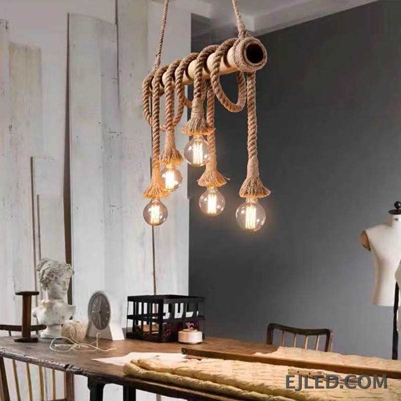 This multi-light hemp rope chandelier features a horizontal bamboo body with five exposed bulbs suspended by braided ropes, offering a rustic aesthetic. - view 2