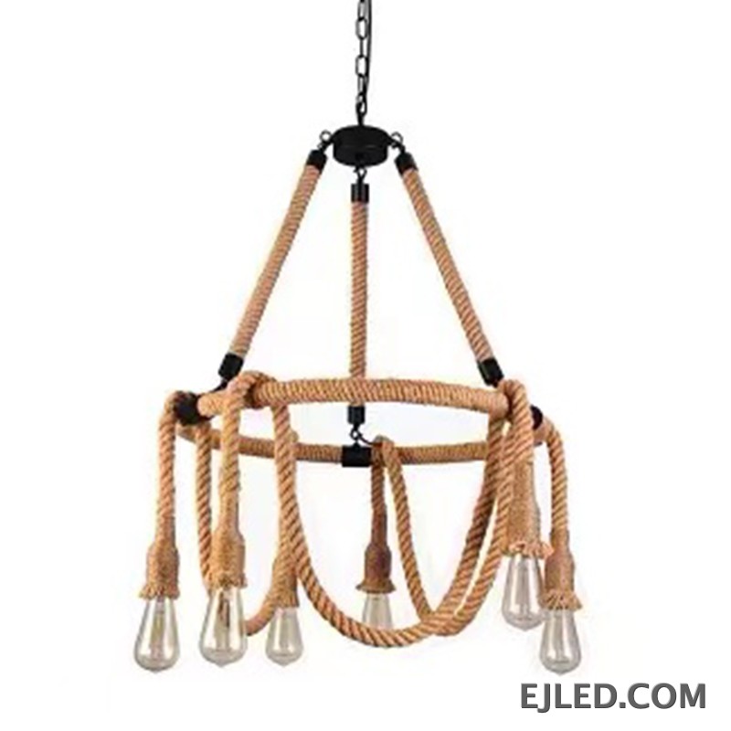 A unique hemp rope chandelier presenting five exposed glass lamps, suspended by rope from a central chain. This fixture features a natural rope finish and a rustic design.