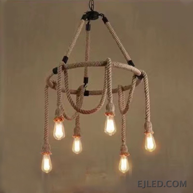 A unique hemp rope chandelier presenting five exposed glass lamps, suspended by rope from a central chain. This fixture features a natural rope finish and a rustic design. - view 4