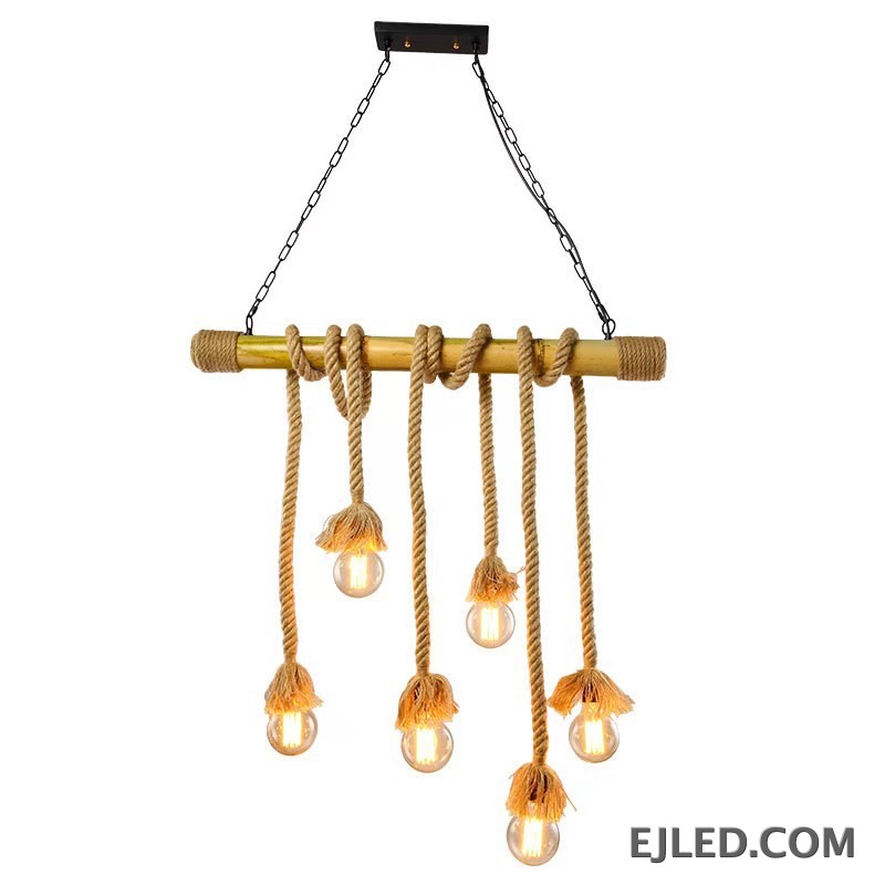This six-light chandelier features a linear steel bar wrapped with natural hemp rope, suspending exposed bulbs. Two chains connect it to a rectangular ceiling plate, offering a distinctive, open aesthetic. - view 6