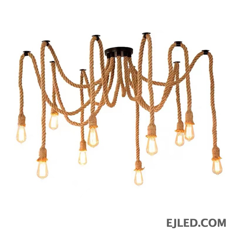 This RP0008 Hemp Rope Chandelier features ten exposed glass bulbs suspended from natural twisted hemp ropes. The ropes extend from a black canopy and mounting points, creating a distinct, organic multi-point lighting design.