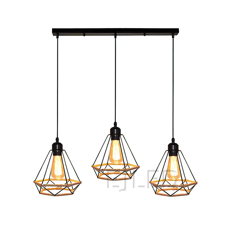 This three-light pendant fixture features diamond-shaped iron cage shades with a hemp rope base. Each lamp hangs from a black cord, all attached to a single rectangular ceiling bar.