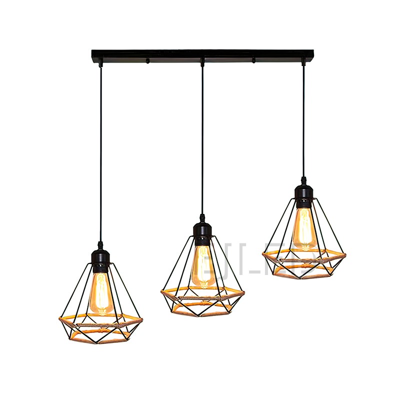 This three-light pendant fixture features diamond-shaped iron cage shades with a hemp rope base. Each lamp hangs from a black cord, all attached to a single rectangular ceiling bar. - view 2