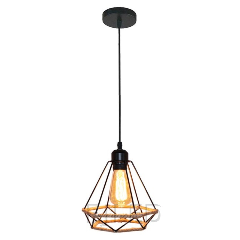 This three-light pendant fixture features diamond-shaped iron cage shades with a hemp rope base. Each lamp hangs from a black cord, all attached to a single rectangular ceiling bar. - view 4