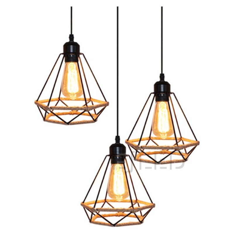 This three-light pendant fixture features diamond-shaped iron cage shades with a hemp rope base. Each lamp hangs from a black cord, all attached to a single rectangular ceiling bar. - view 5