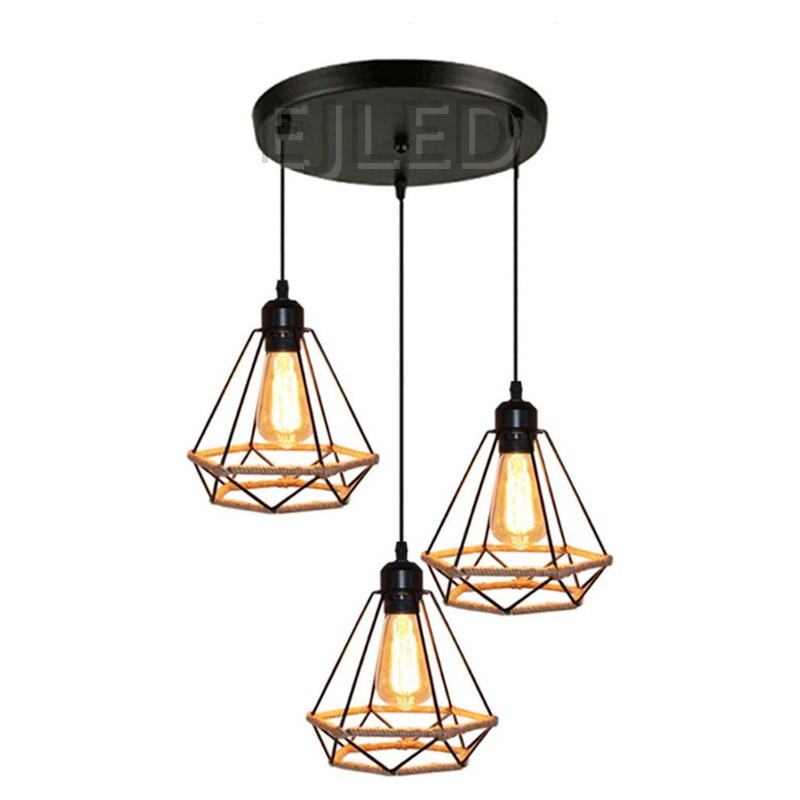 This three-light pendant fixture features diamond-shaped iron cage shades with a hemp rope base. Each lamp hangs from a black cord, all attached to a single rectangular ceiling bar. - view 6