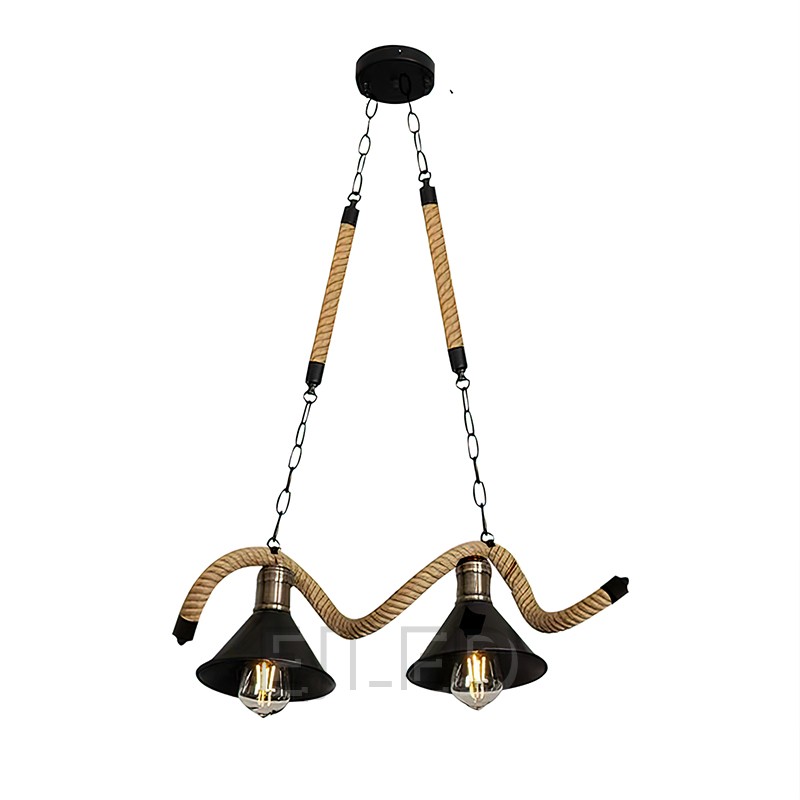 This two-light pendant lamp features black metal bell shades suspended by decorative hemp rope, connected to a black ceiling canopy by metal chains. Exposed bulbs complete its distinctive rustic industrial appearance, ideal for various interior designs.
