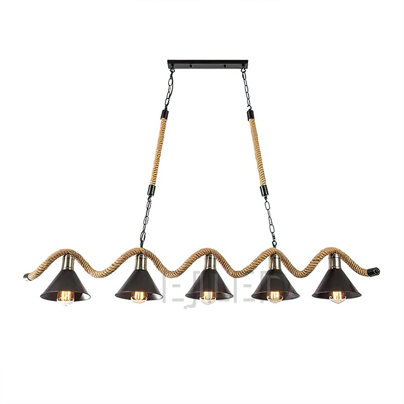 This linear pendant light features five black bell shades suspended along a thick woven hemp rope and metal chain assembly from a rectangular ceiling canopy.