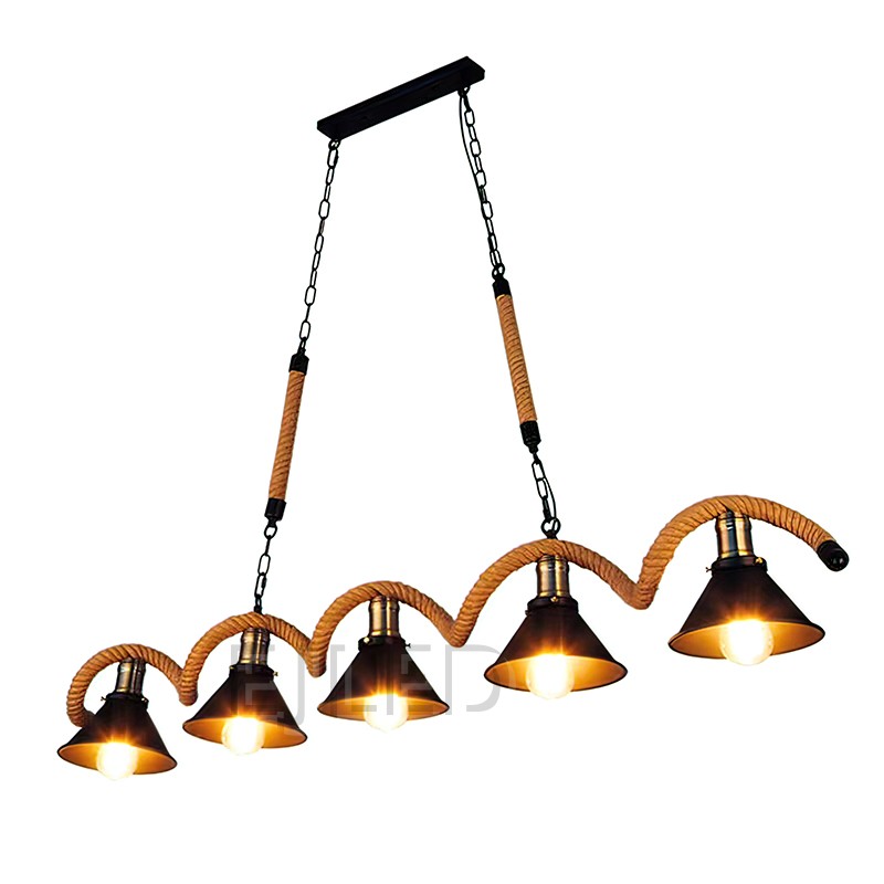 This linear pendant light features five black bell shades suspended along a thick woven hemp rope and metal chain assembly from a rectangular ceiling canopy. - view 2