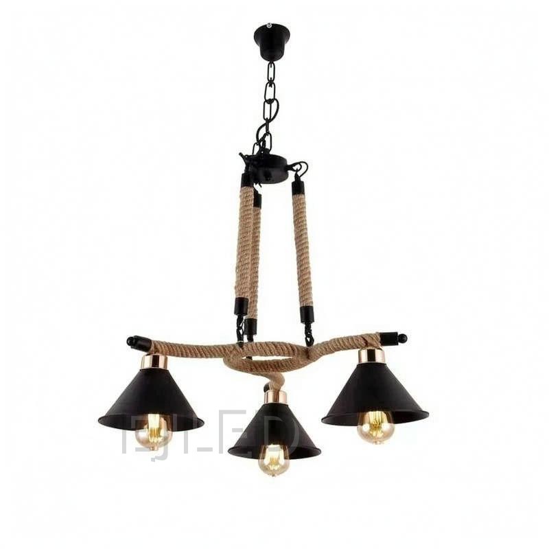 This black iron chandelier features three bell shaped metal shades and natural hemp rope details, hanging from a matching ceiling canopy by a chain.