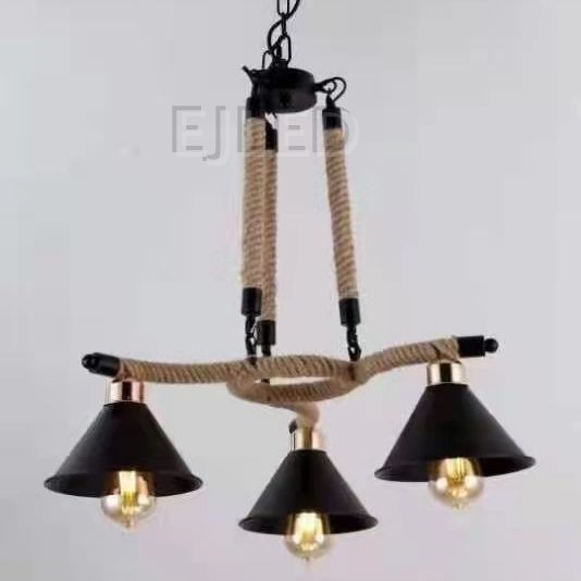 This black iron chandelier features three bell shaped metal shades and natural hemp rope details, hanging from a matching ceiling canopy by a chain. - view 2