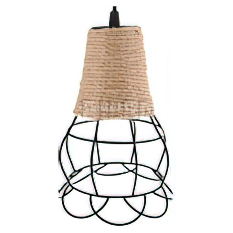 Esta lámpara colgante de tres luces de cuerda de cáñamo tiene pantallas tejidas en forma de campana suspendidas de una placa de techo redonda. Combina cuerda natural con malla metálica negra. - view 2