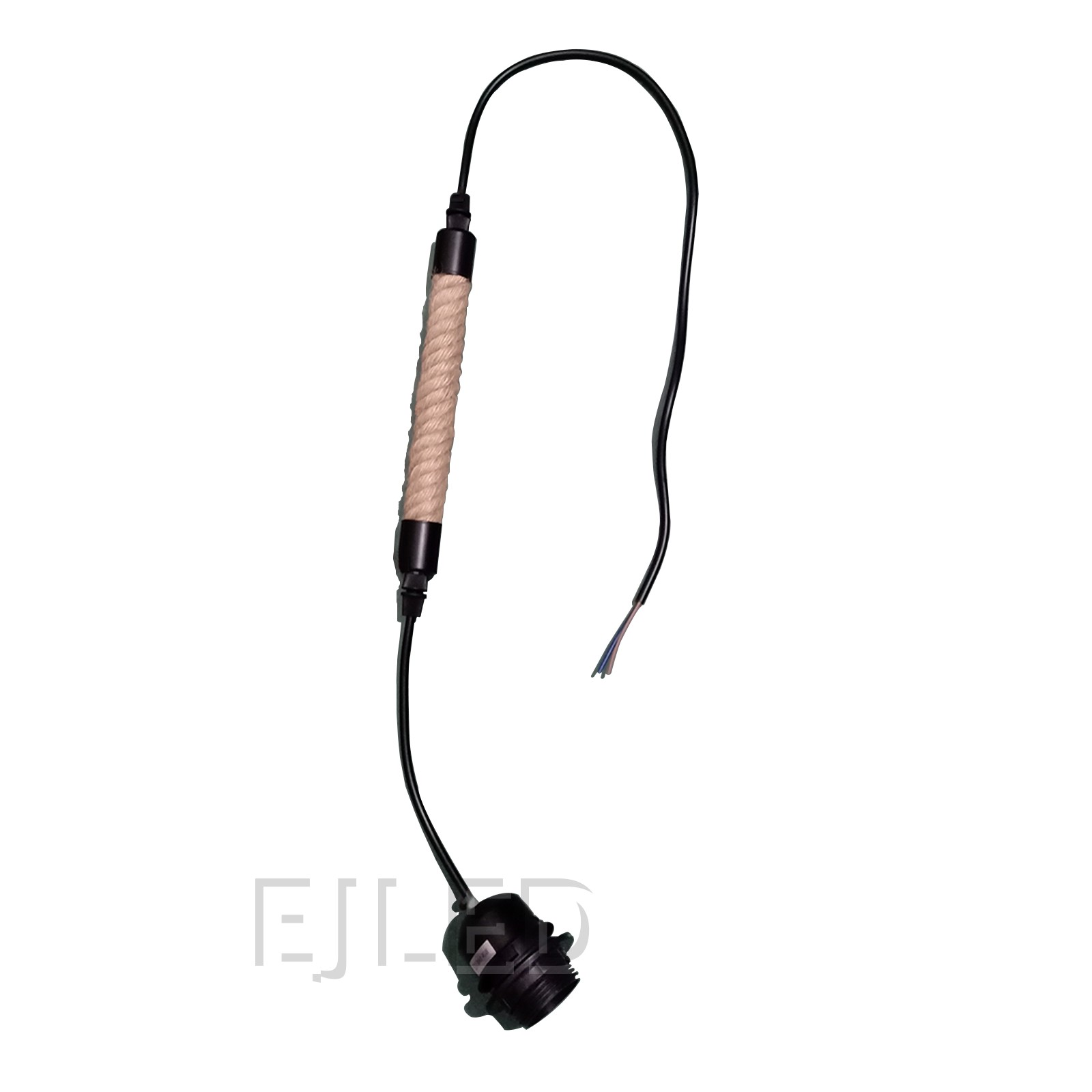 This hemp rope pendant light features a black plastic body wrapped in natural-colored rope and includes a single exposed lamp socket with a hanging cord.