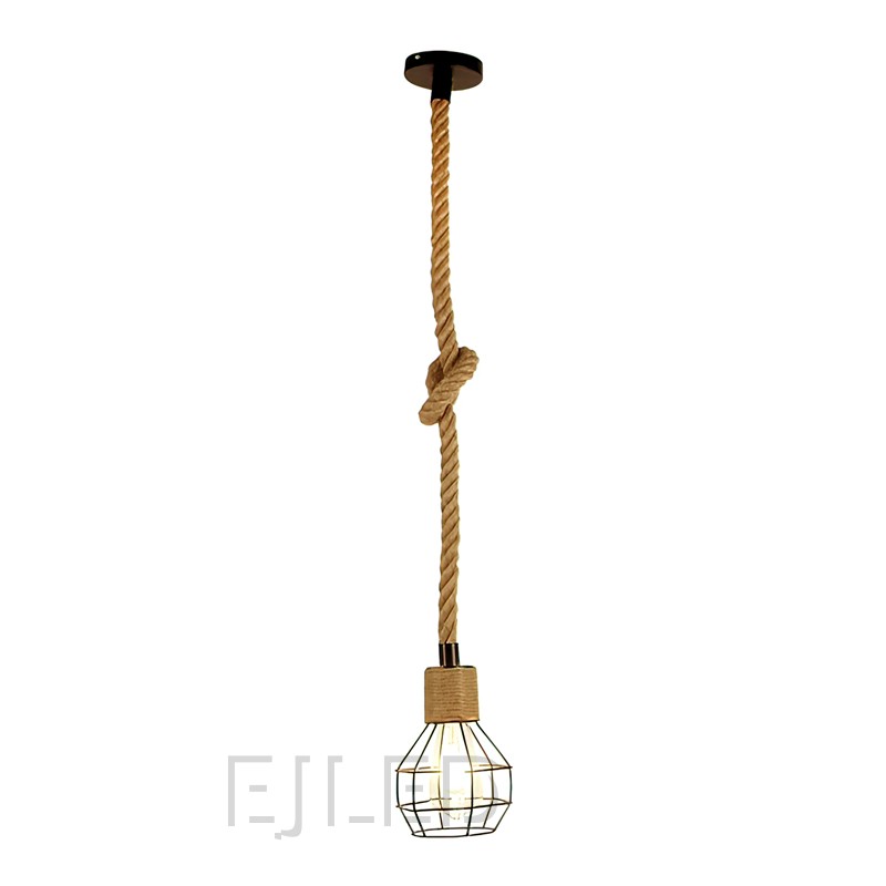 This single pendant light features a natural hemp rope suspension with a decorative knot, paired with an open metal wire cage shade.