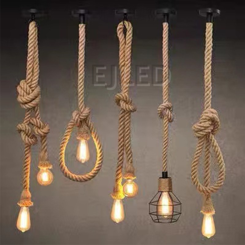 This single pendant light features a natural hemp rope suspension with a decorative knot, paired with an open metal wire cage shade. - view 2