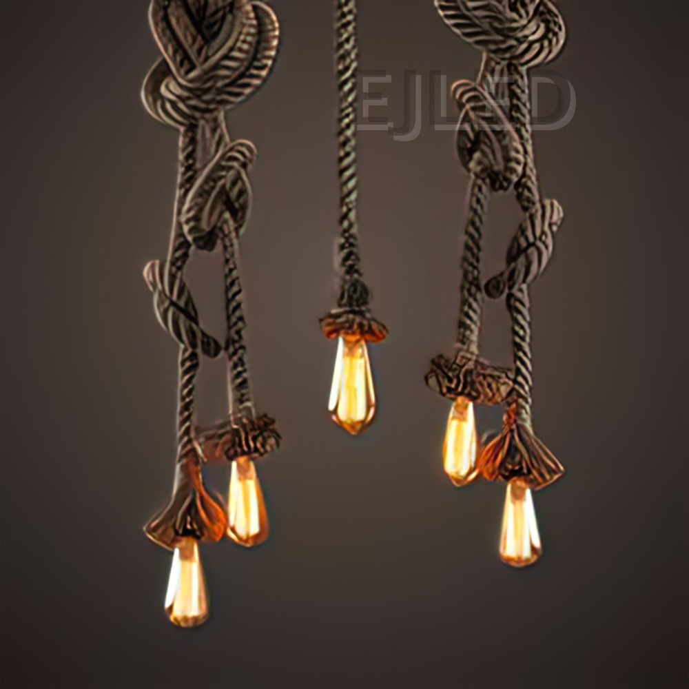 This single pendant light features a natural hemp rope suspension with a decorative knot, paired with an open metal wire cage shade. - view 5