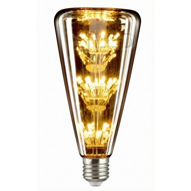 This cone shaped glass bulb features an amber finish and three tiers of glowing LED elements along a central vertical stem, ending in a threaded metal base.