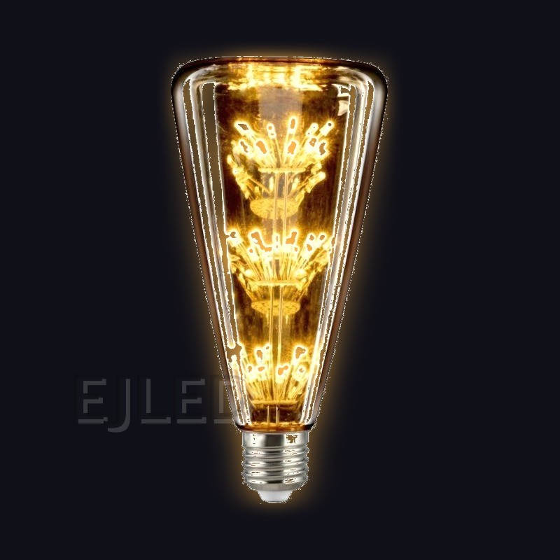 This cone shaped glass bulb features an amber finish and three tiers of glowing LED elements along a central vertical stem, ending in a threaded metal base. - view 2