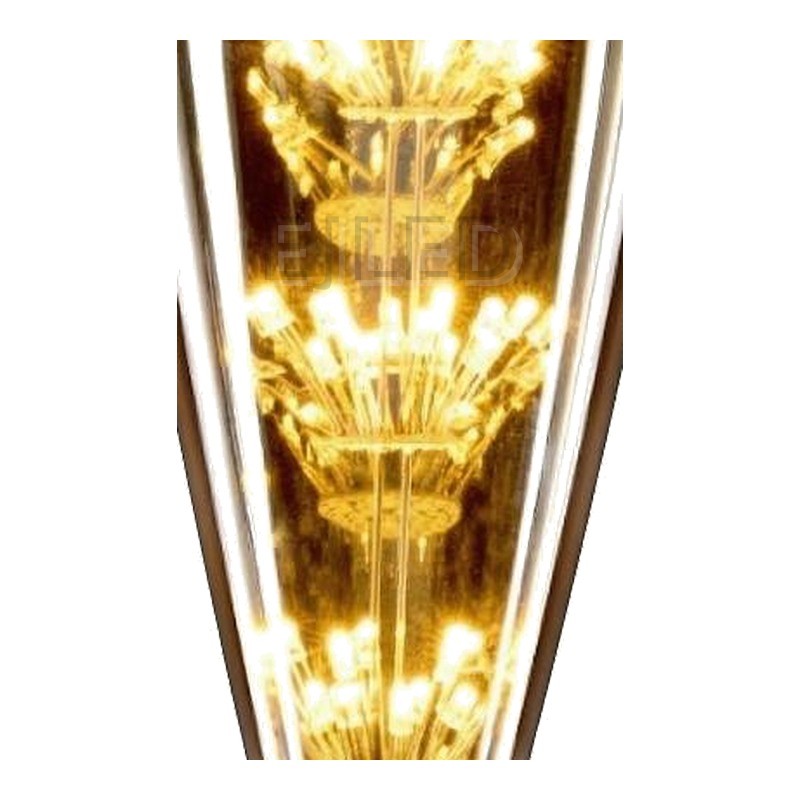 This cone shaped glass bulb features an amber finish and three tiers of glowing LED elements along a central vertical stem, ending in a threaded metal base. - view 3