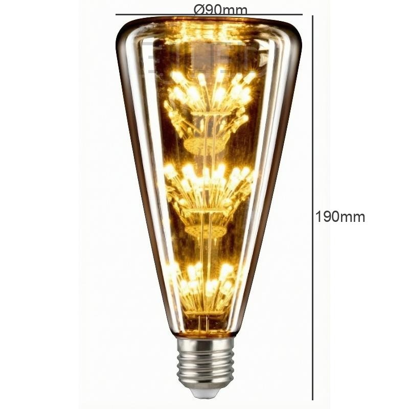 This cone shaped glass bulb features an amber finish and three tiers of glowing LED elements along a central vertical stem, ending in a threaded metal base. - view 4