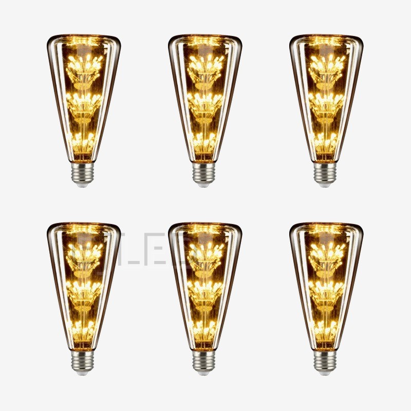 This cone shaped glass bulb features an amber finish and three tiers of glowing LED elements along a central vertical stem, ending in a threaded metal base. - view 5
