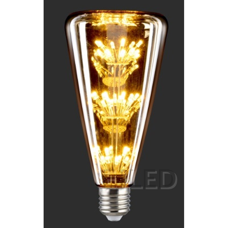 This cone shaped glass bulb features an amber finish and three tiers of glowing LED elements along a central vertical stem, ending in a threaded metal base. - view 6