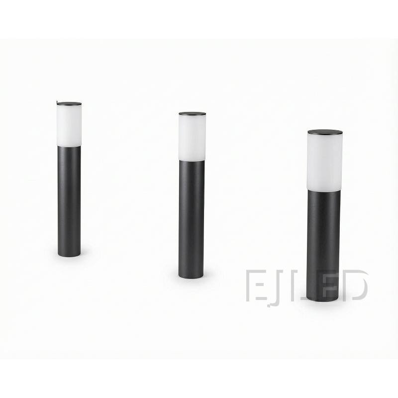 This modern cylindrical outdoor bollard light features a dark grey metal base topped with a frosted white shade, designed for path and garden illumination. Model SL0001.