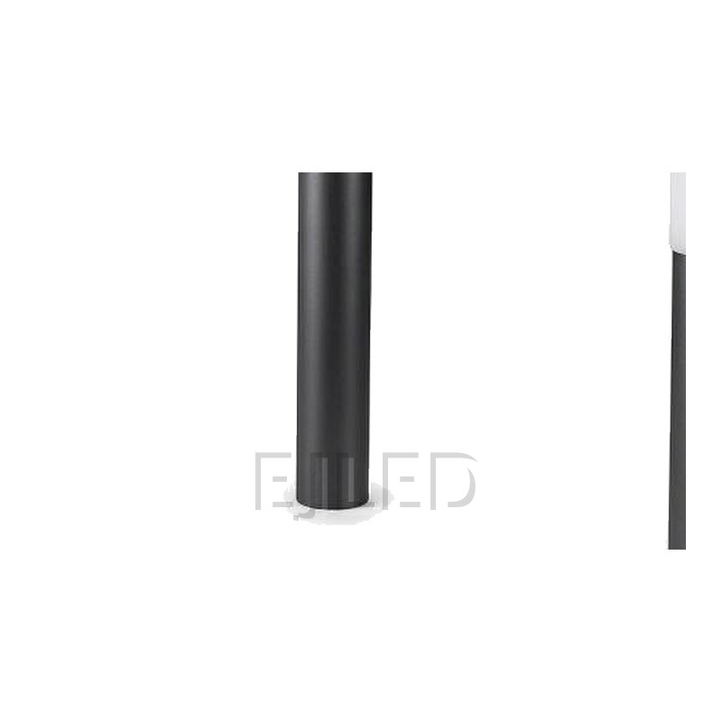 This modern cylindrical outdoor bollard light features a dark grey metal base topped with a frosted white shade, designed for path and garden illumination. Model SL0001. - view 3