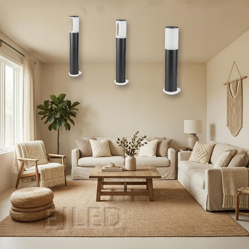 This modern cylindrical outdoor bollard light features a dark grey metal base topped with a frosted white shade, designed for path and garden illumination. Model SL0001. - view 4