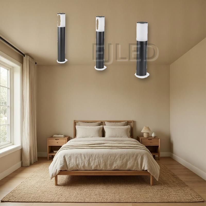 This modern cylindrical outdoor bollard light features a dark grey metal base topped with a frosted white shade, designed for path and garden illumination. Model SL0001. - view 5