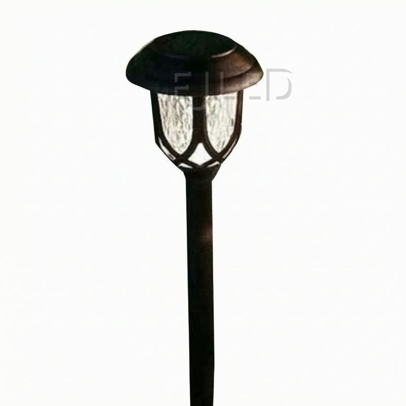 This outdoor solar pathway lantern features a textured glass shade and a dark metal post. It is designed for garden walkways, yards, and landscape lighting.