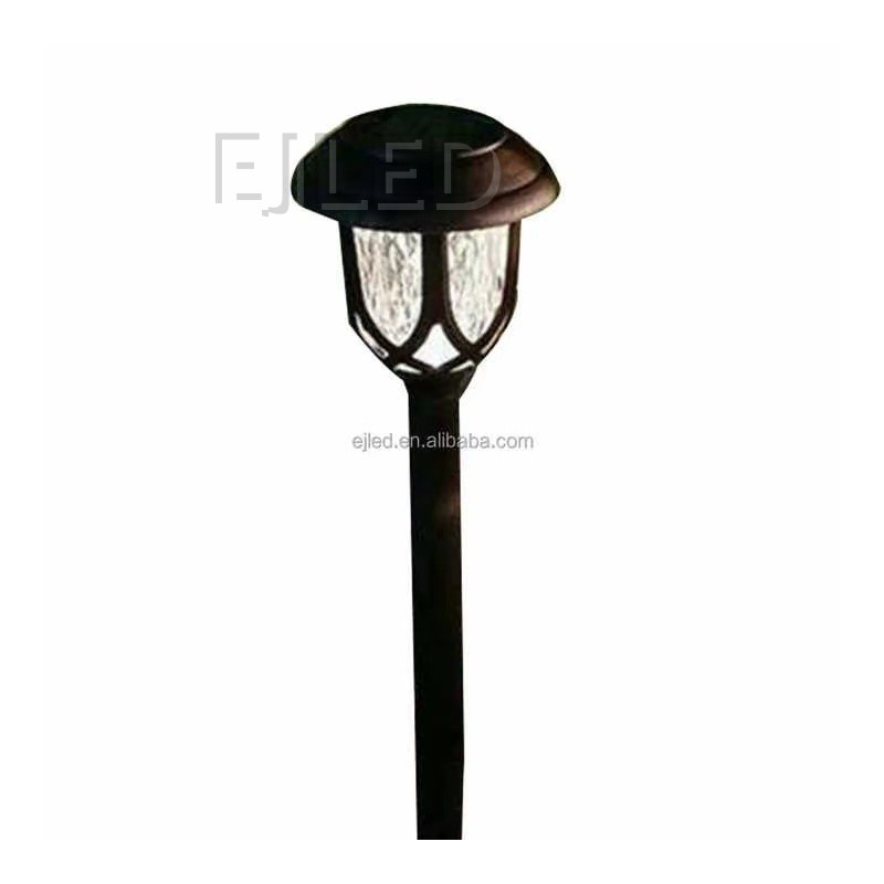 This outdoor solar pathway lantern features a textured glass shade and a dark metal post. It is designed for garden walkways, yards, and landscape lighting. - view 2