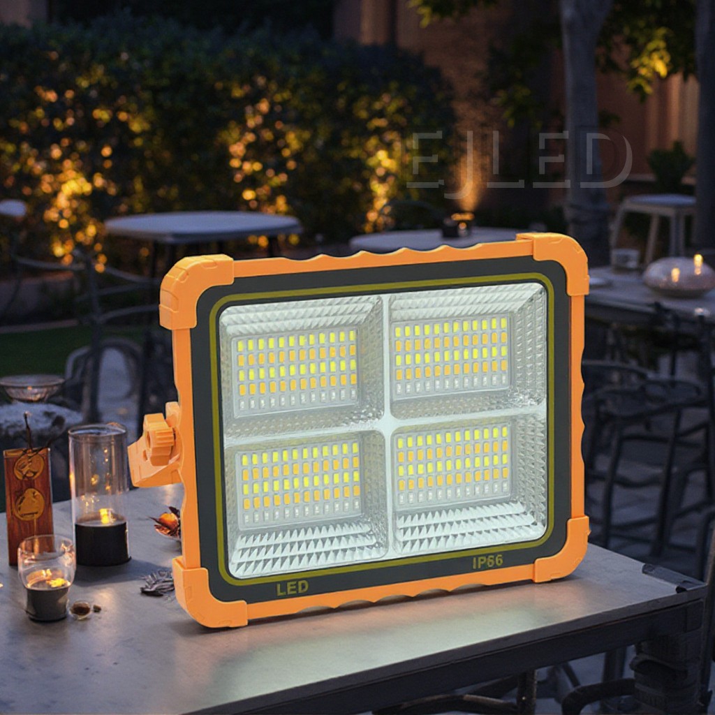 This industrial grade aluminum outdoor LED flood light features an orange and black finish with four high brightness lamp panels for security areas. - view 2