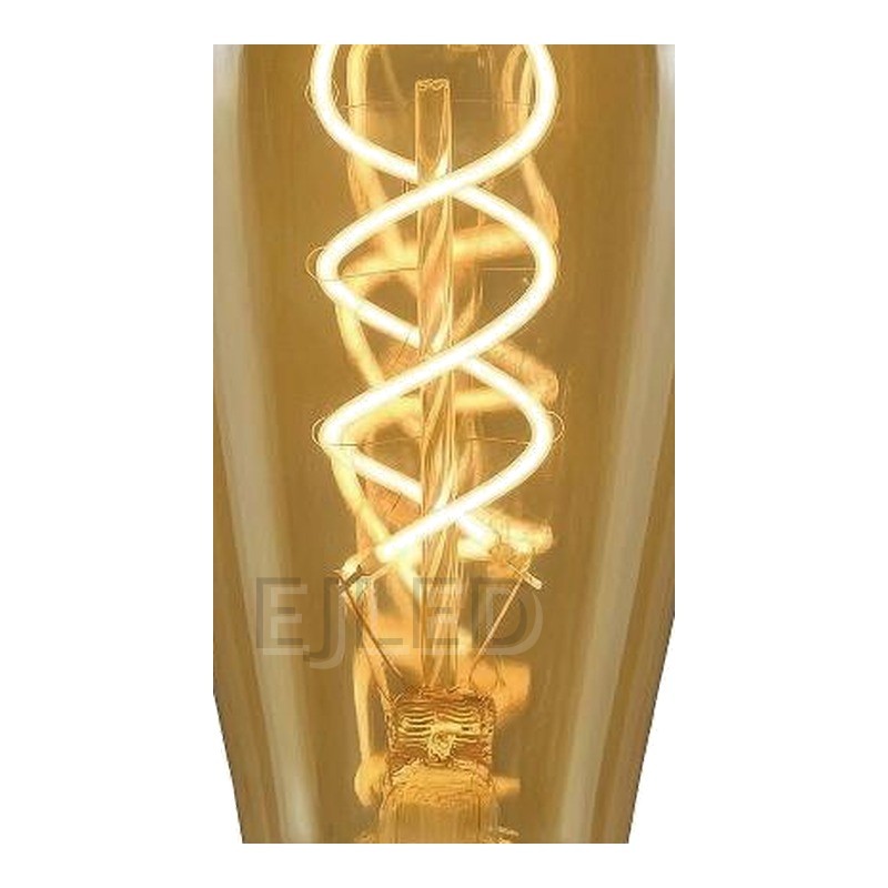 This amber glass ST64 soft filament LED bulb features a warm spiral light inside a teardrop shaped vintage shade. It operates on low wattage. - view 3