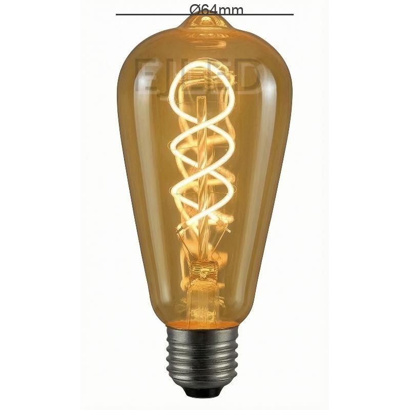 This amber glass ST64 soft filament LED bulb features a warm spiral light inside a teardrop shaped vintage shade. It operates on low wattage. - view 4